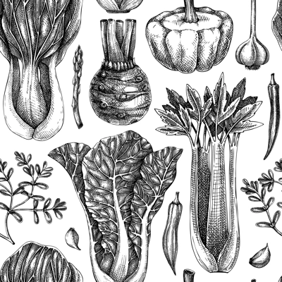 Hand-sketched vegetable background. Vector seamless pattern with hand drawn food elements. Vintage healthy plants in engraved style. Vegetables backdrop for wrapping paper, textile, packaging design